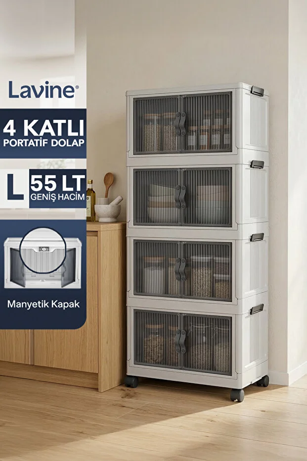 LARGE” 4 Katlı Portatif Organizer Tekerlekli Dolap Çok Amaçlı Mıknatıs Kapaklı Katlanır - BEYAZ